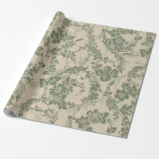 Papier Cadeau Vintage Vibrant vert motif floral (Déroulé)