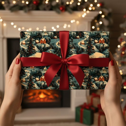 Papier Cadeau Vintage Village de Noël Motif