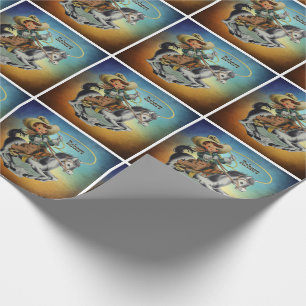Papier Cadeau Vintage Western Cowboy Kid On Horse avec corde