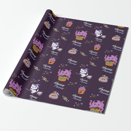 Papier Cadeau violet foncé Hocus Pocus mignon sorcière Chat Hall (Déroulé)