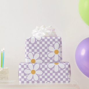 Papier Cadeau Violet rétro à carreaux et marguerite