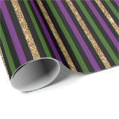 Papier Cadeau Violet, Vert, Noir, Faux Gold Stripes Mardi Gras (Coin rond)