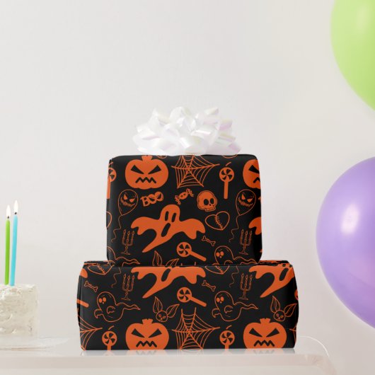Papier Cadeau Visage Citrouille Halloween Jack-o'-lantern noir (Cadeaux de fête)