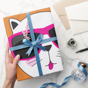 Papier Cadeau Visage de chat cool avec lunettes de soleil roses