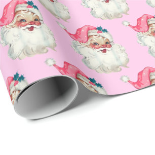 Papier Cadeau Visage de Père Noël rose, Père Noël rose vintage,