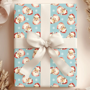 Papier Cadeau Visage de Père Noël Vintage Bleu Aquarelle