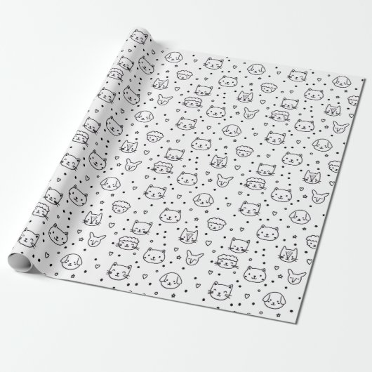 Papier Cadeau Visages d'animaux minimalistes mignons (Déroulé)