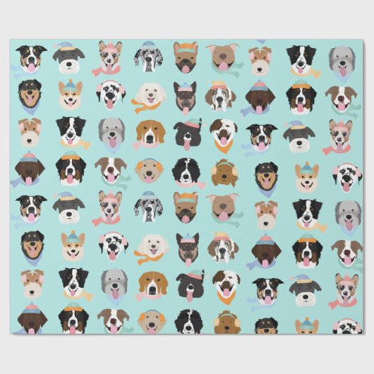 Papier Cadeau Visages de chiens d'hiver (Plat)