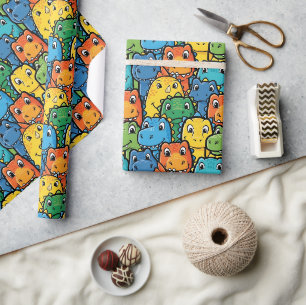 Papier Cadeau Visages de dinosaures heureux motif bondé