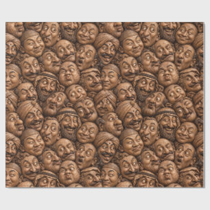 Papier Cadeau Visages en bois sculpté de style vintage motif abs