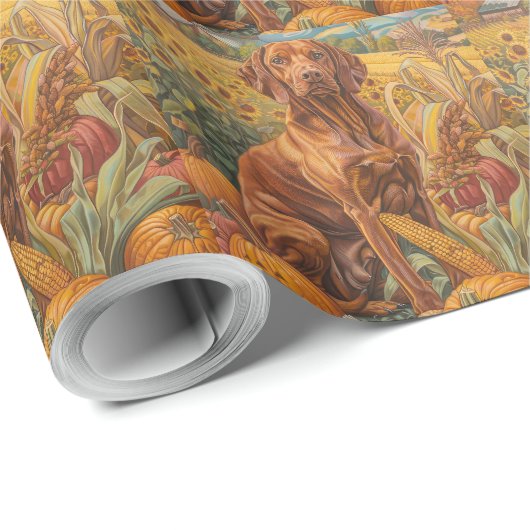 Papier Cadeau Vizsla Chien moisson d'automne Thanksgiving (Coin rond)