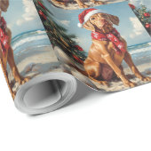 Papier Cadeau Vizsla Chien Noël Plage Vintage (Coin rond)