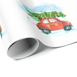Papier Cadeau Voiture aquarelle avec arbre de Noël