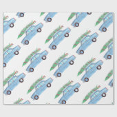 Papier Cadeau Voiture bleue avec arbre de Noël Aquarelle (Plat)