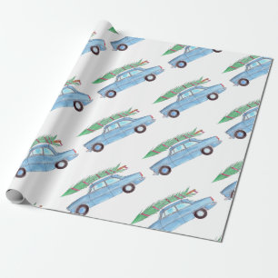 Papier Cadeau Voiture bleue avec arbre de Noël Aquarelle
