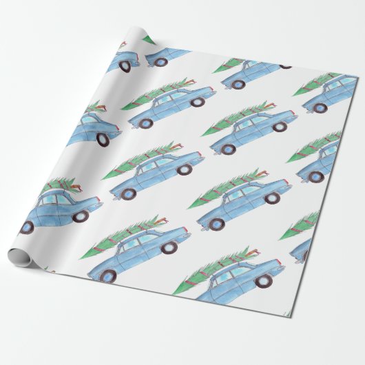 Papier Cadeau Voiture bleue avec arbre de Noël Aquarelle (Déroulé)
