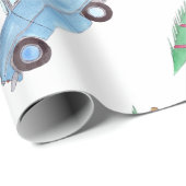 Papier Cadeau Voiture bleue avec arbre de Noël Aquarelle (Coin rond)