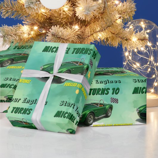 Papier Cadeau Voiture de course verte de fête d'anniversaire 10  (Vacances)
