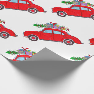 Papier Cadeau Voiture rouge avec arbre de Noël Aquarelle