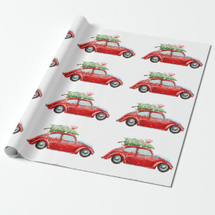 Papier Cadeau Voiture rouge Vintage & Arbre de Noël Aquarelle