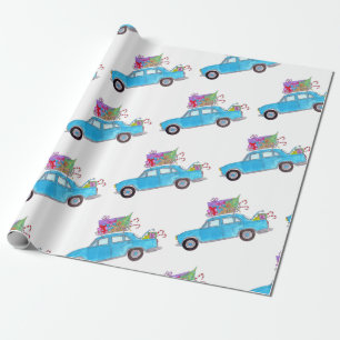 Papier Cadeau Voiture verte avec cadeaux de Noël Aquarelle
