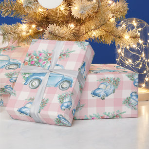 Papier Cadeau Voiture Vintage de Noël rose En vichy bleu