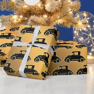 Papier Cadeau Voiture Vintage Noir Or Luxe