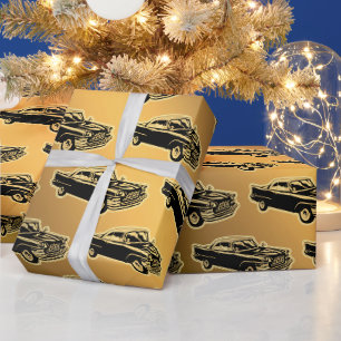 Papier Cadeau Voiture Vintage Noir Or Luxe