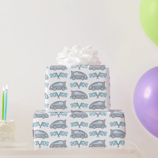 Papier Cadeau Voitures de course et drapeaux sur fond blanc (Cadeaux de fête)