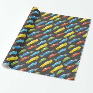 Papier Cadeau Voitures de course multicolores sur fond noir