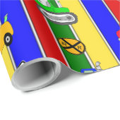 Papier Cadeau Voitures et camions Bleu, vert et jaune Garçon (Coin rond)