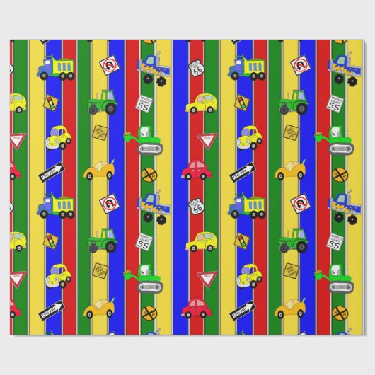 Papier Cadeau Voitures et camions Bleu, vert et jaune Garçon (Plat)