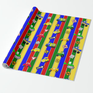 Papier Cadeau Voitures et camions bleus, verts et jaunes pour ga