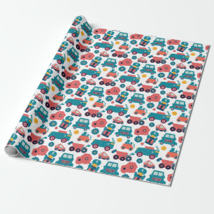 Papier Cadeau Voitures et camions et fleurs bleues
