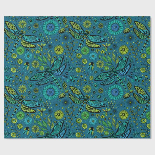 Papier Cadeau Voler, pilonner la libellule en bleu (Plat)