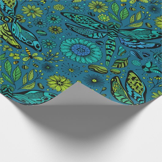 Papier Cadeau Voler, pilonner la libellule en bleu (Coin)