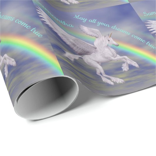 Papier Cadeau Voler Unicorne sur Rainbow Dreams Personnalisé (Coin rond)