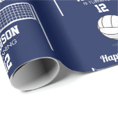 Papier Cadeau Volleyball Ball & Net Marine Blue Anniversaire Nom (Coin rond)