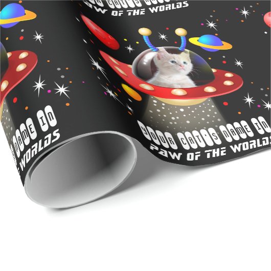 Papier Cadeau Votre chat dans un vaisseau spatial Alien UFO Sci (Coin rond)