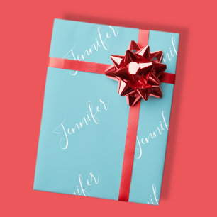 Papier Cadeau Votre Nom Écriture Blanche Élégante sur Bleu de