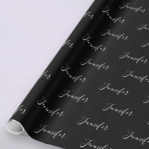 Papier Cadeau Votre nom   Élégant script blanc sur noir