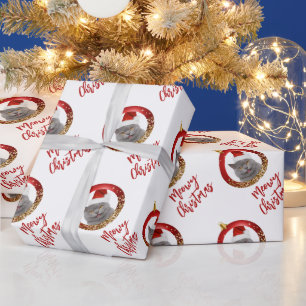 Papier Cadeau Votre Photo de Chat Rouge Or Meowy Noël