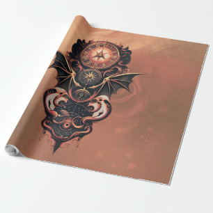 Papier Cadeau Voyage mystique de temps avec ailes, montre steamp