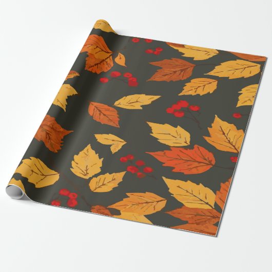 Papier Cadeau Warm Autumn Leaves Pattern on Dark Grey Background (Déroulé)