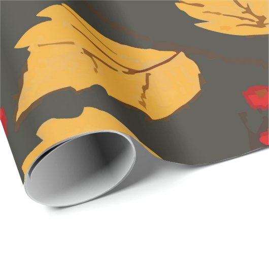 Papier Cadeau Warm Autumn Leaves Pattern on Dark Grey Background (Coin rond)