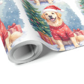 Papier Cadeau Warm Watercolor Golden Retriever Christmas Tree (Coin rond)