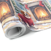Papier Cadeau Watercolor Basset Hound Cozy Fireplace Christmas (Coin rond)