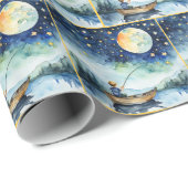 Papier Cadeau Watercolor Boy Pêche La Nuit (Coin rond)