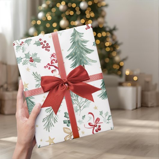 Papier Cadeau Watercolor Christmas Greenery Wrapping Paper