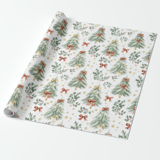 Papier Cadeau Watercolor Christmas Tree & Bow Wrapping Paper